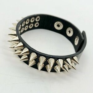 Black Leather Bracelet with Silver Spikes